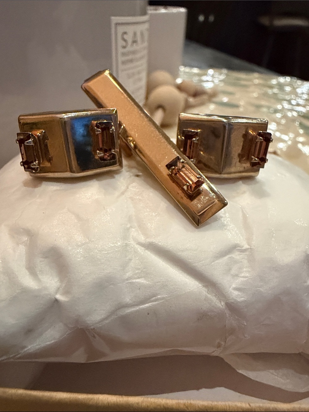 Vintage Mid-Century Gold Tone Topaz Rhinestone Cufflinks & Tie Bar Set Retro